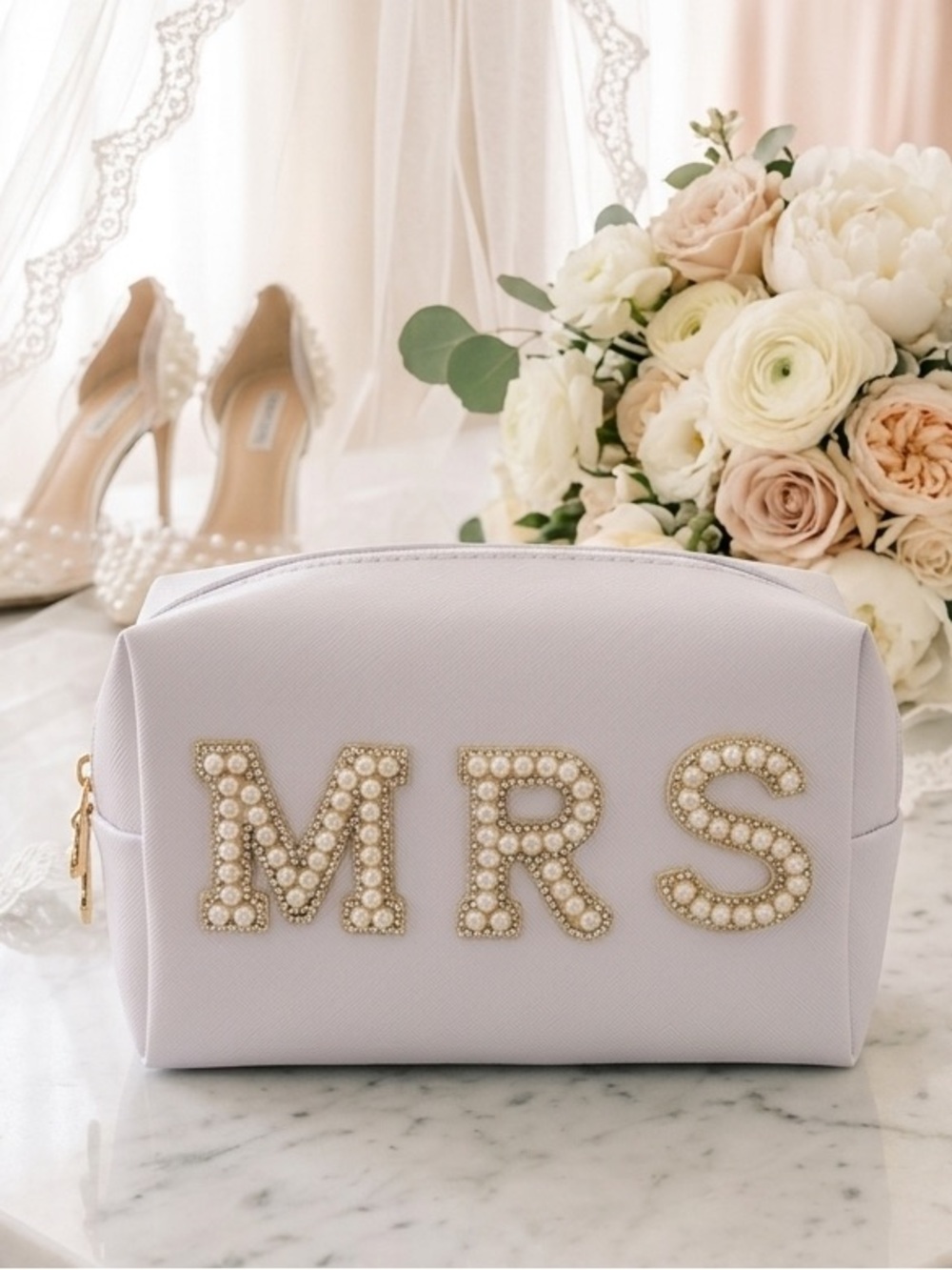 Bridal ‘Mrs’ Embellished Bridal Pouch with a scrunchie and 2 clips